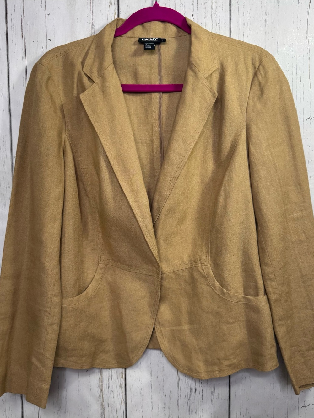 DKNY 100% Linen Tan Blazer Jacket Size 8 Office Career Quiet Luxury Coastal - Picture 1 of 14